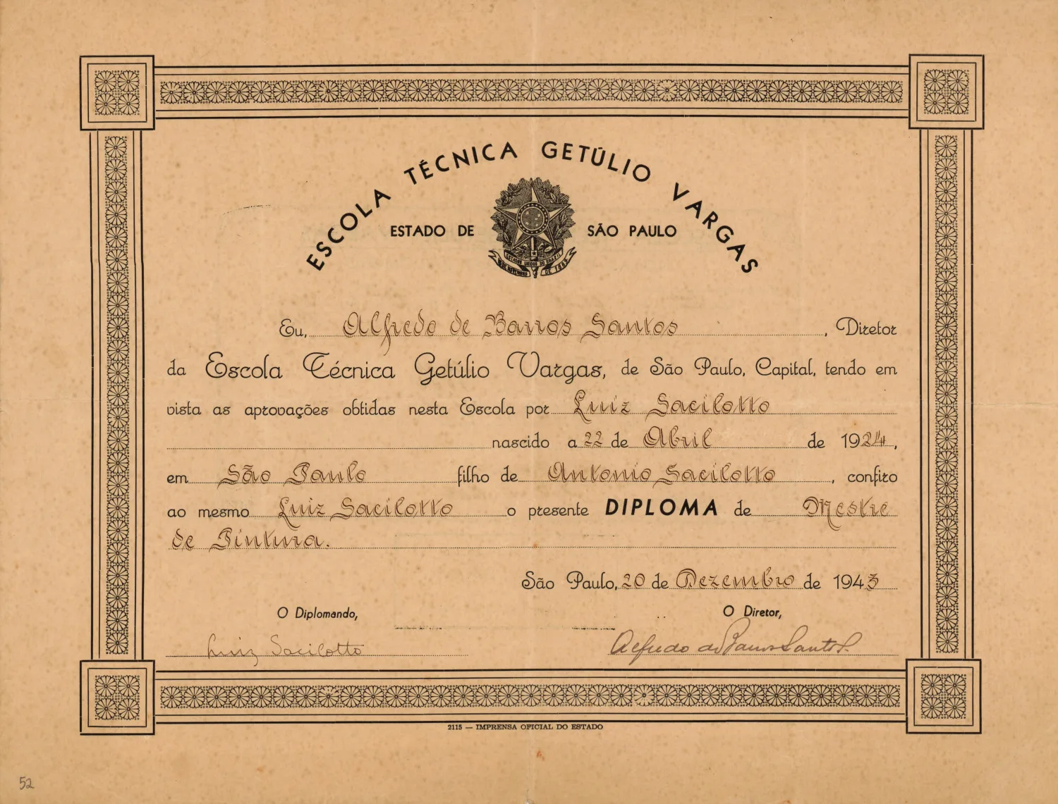 Diploma de Mestre em Pintura na Escola Técnica Getúlio Vargas (antigo Instituto Profissional Masculino)