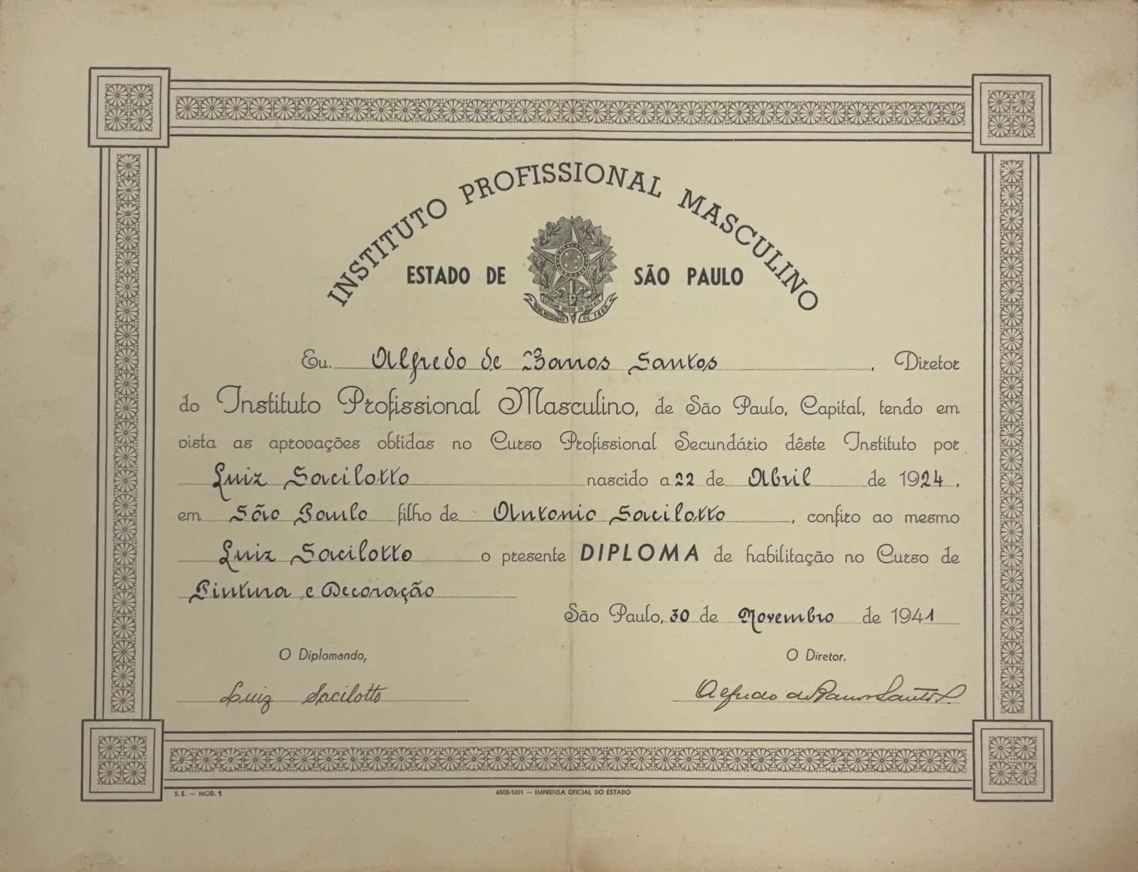 Diploma de Habilitação no Curso de Pintura e Decoração pelo Instituto Profissional Masculino, São Paulo, 1941
