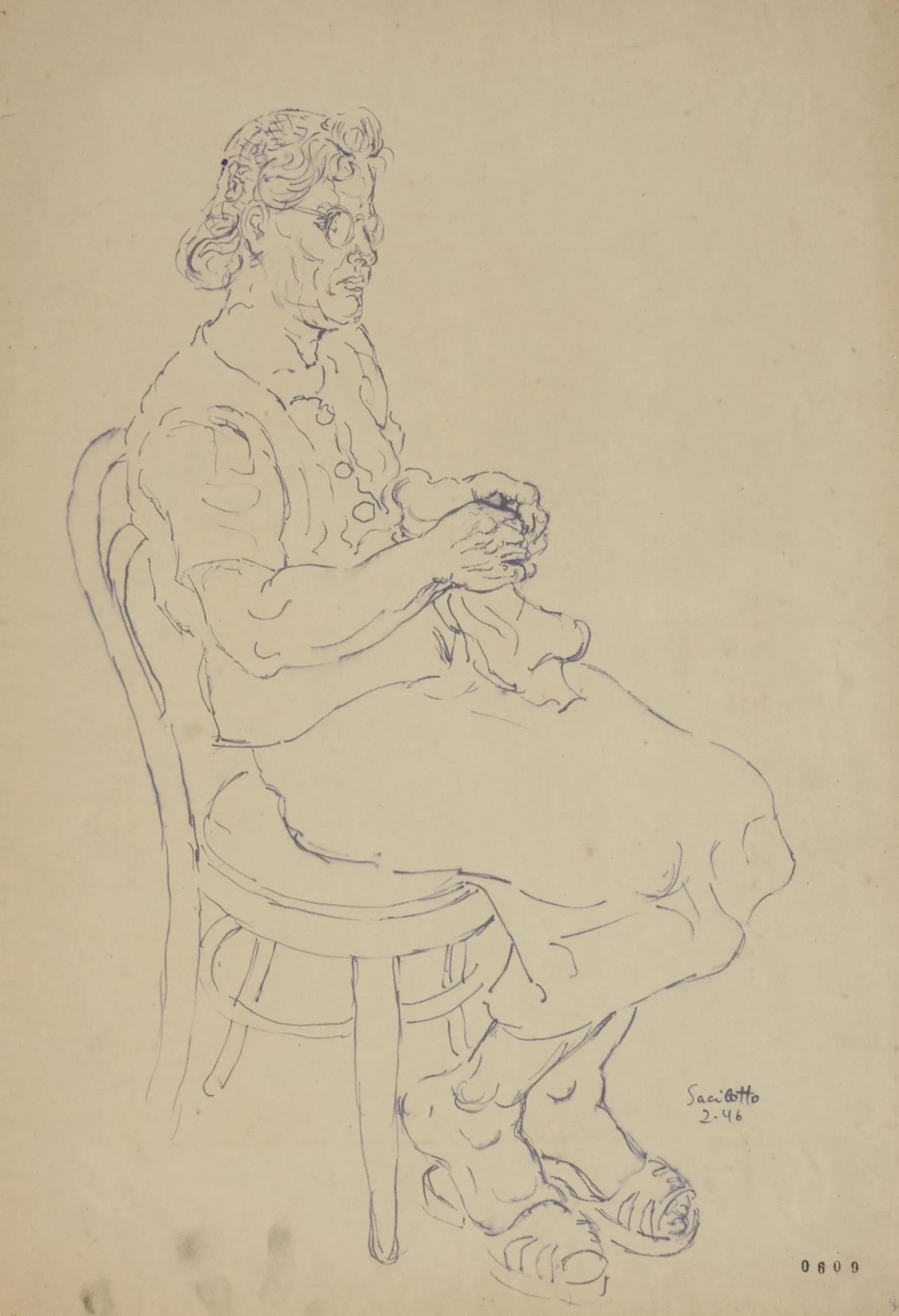 "Figura (minha mãe)", 1946, lápis-cópia com água e cola sobre papel, 47,5 × 32,7 cm