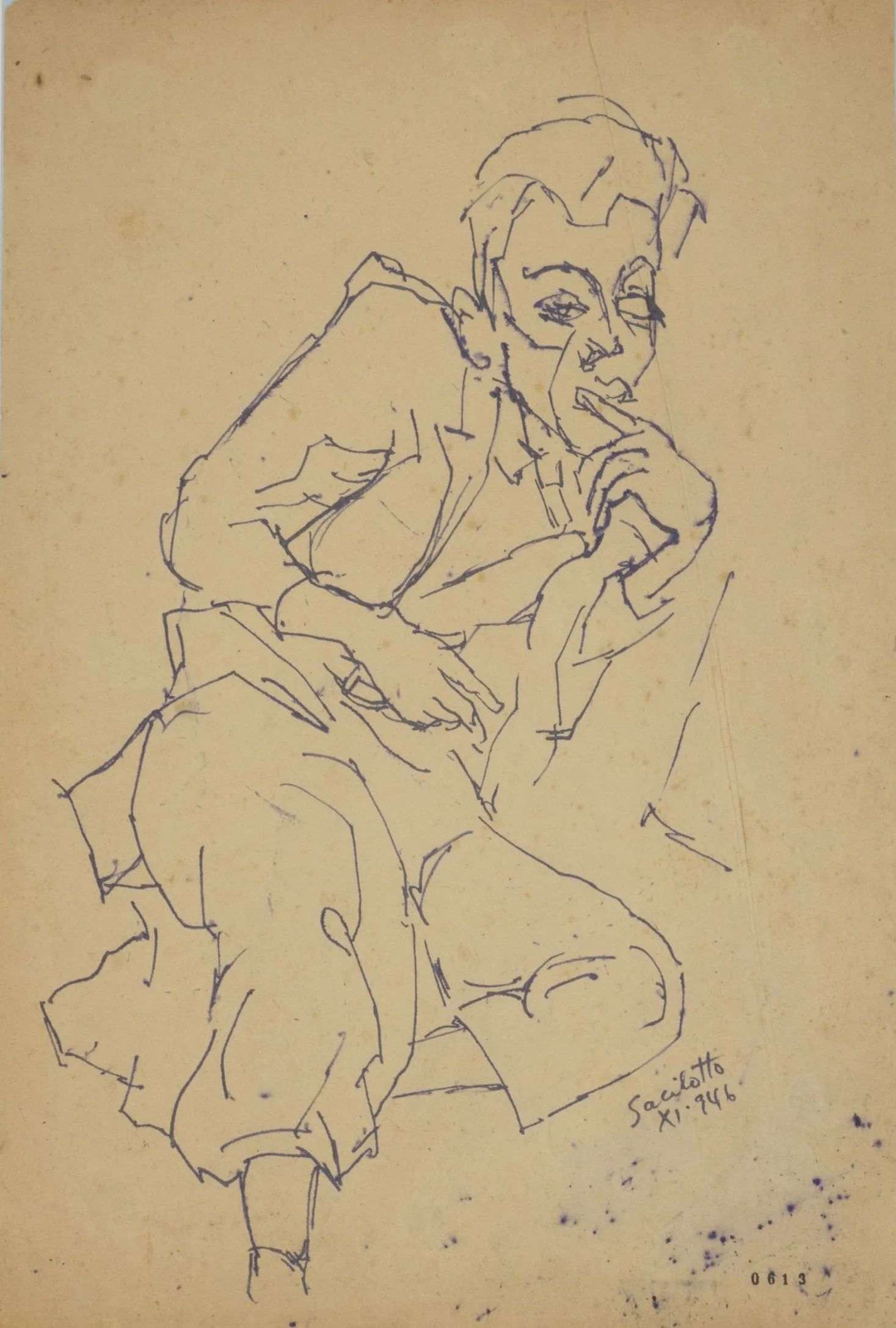 "Figura (Marcelo Grassmann)", 1946, lápis-cópia com água e cola e nanquim sobre papel, 48,6 × 32,9 cm