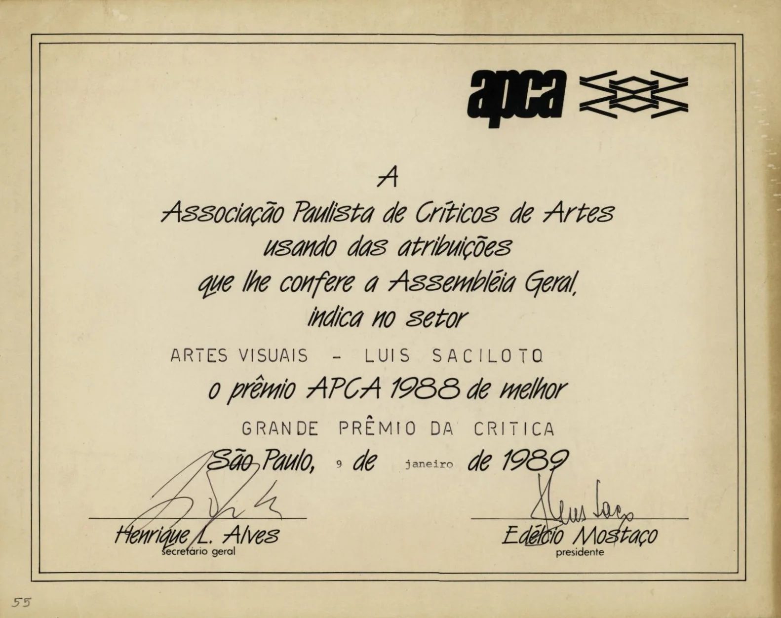 Certificado de premiação da APCA, 1989