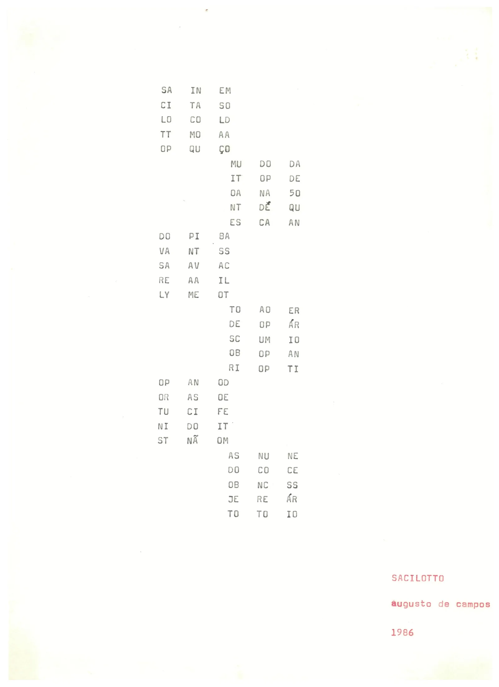 Poema "Sacilotto", de Augusto de Campos, 1986